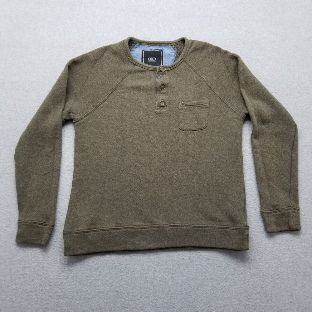 Obey Sweater Mens Small‎ Beige Pullover Button Up Crew Neck Pocket Casual